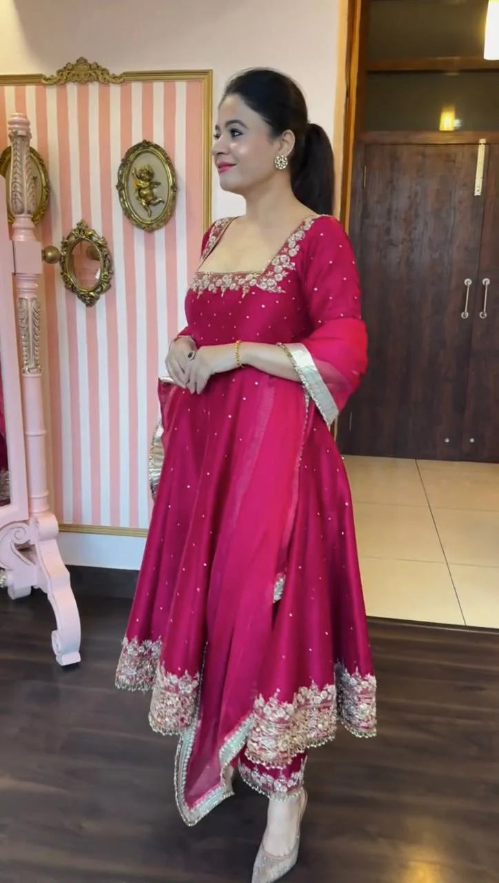 Magenta Embroidered Anarkali Suit Set with Dupatta