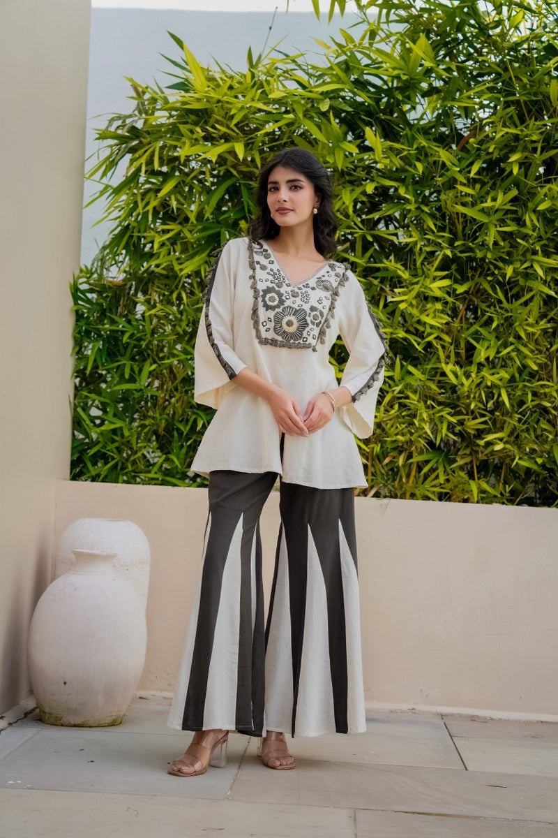 Monochrome Floral Embroidered Kurta with Contrast Flared Palazzo