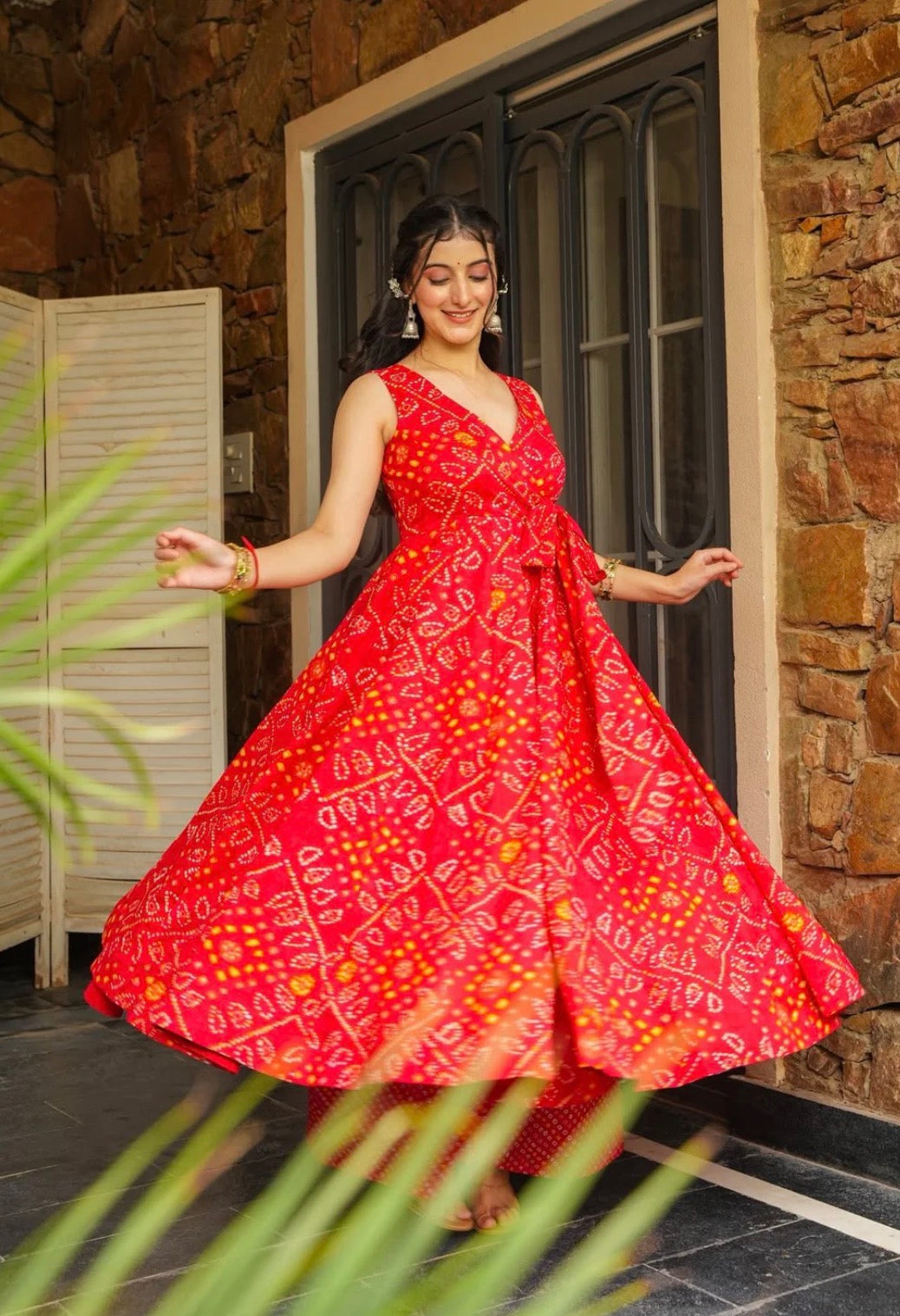 Crimson Bloom Bandhani Anarkali Set