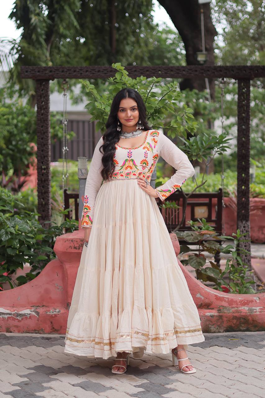 Palak Off White Kora Cotton Gota Patti Work  Gown