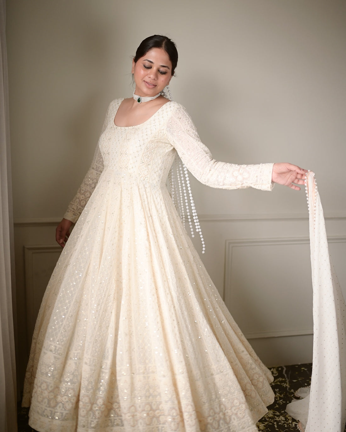 Anaya  White Embroidered Anarkali Suit Set