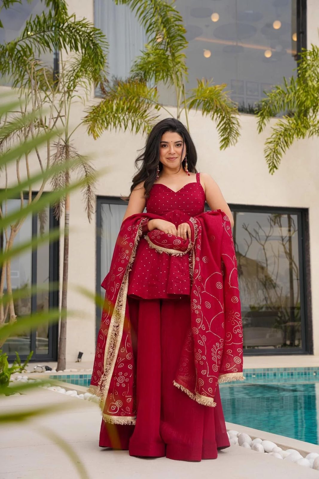 Ruby Red Peplum Sharara with Foil-Printed Dupatta