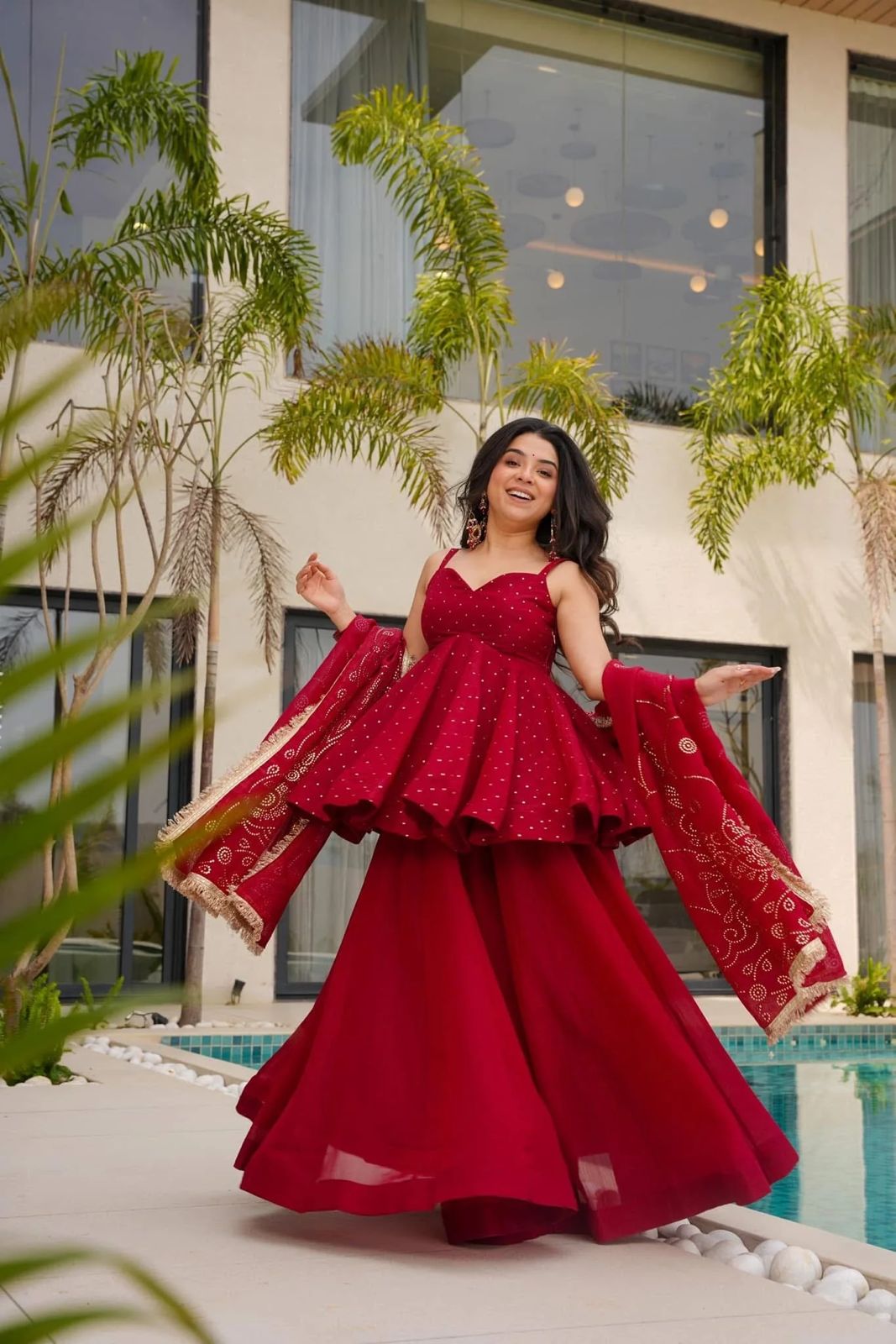 Ruby Red Peplum Sharara with Foil-Printed Dupatta