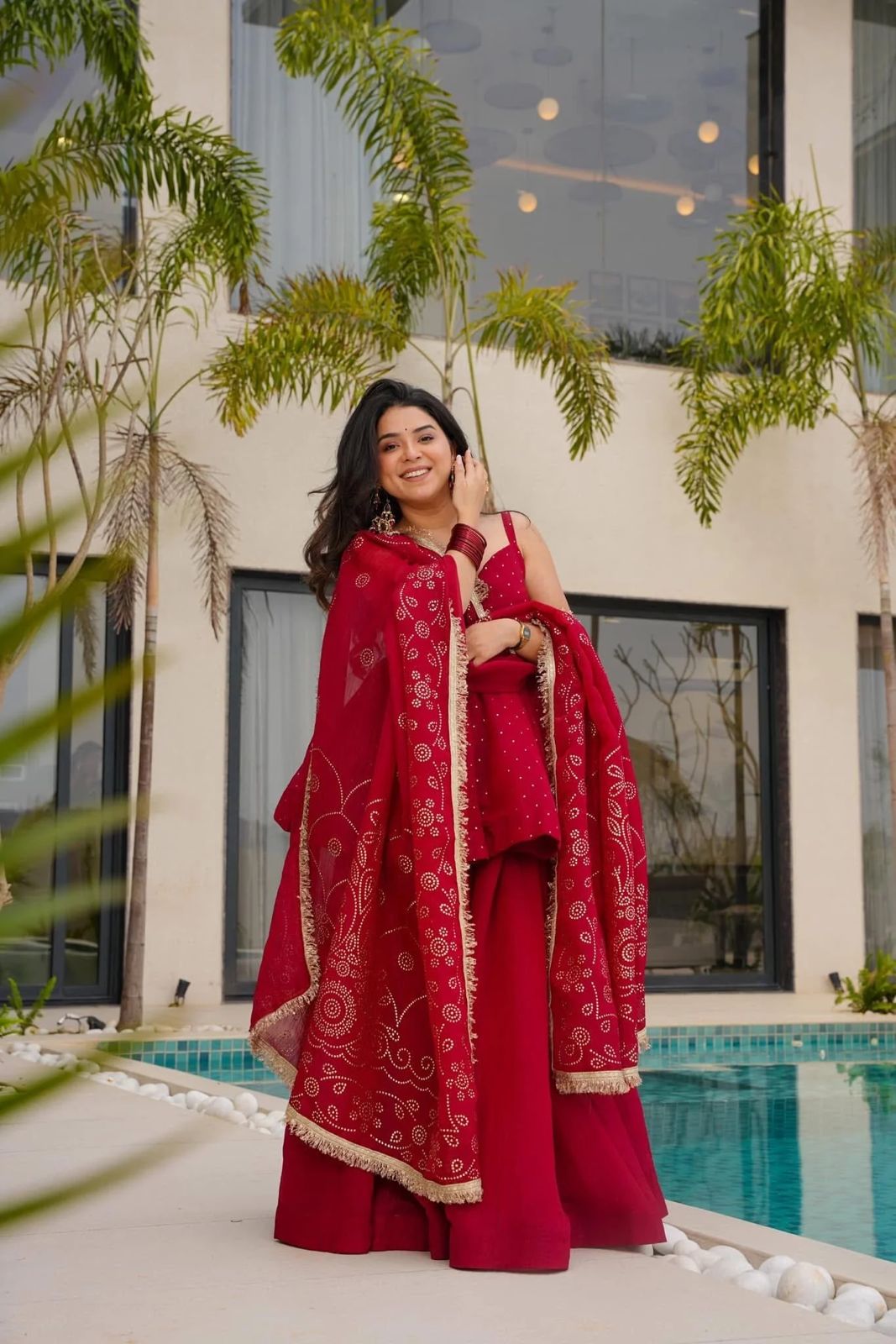 Ruby Red Peplum Sharara with Foil-Printed Dupatta