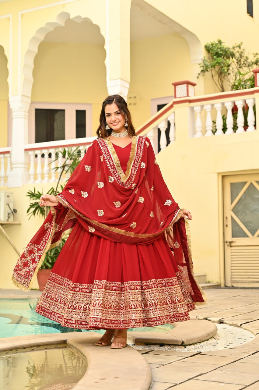 Scarlet Majesty Embroidered Anarkali Gown Set
