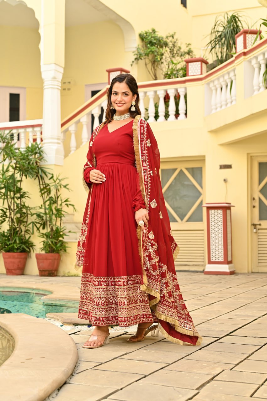 Scarlet Majesty Embroidered Anarkali Gown Set