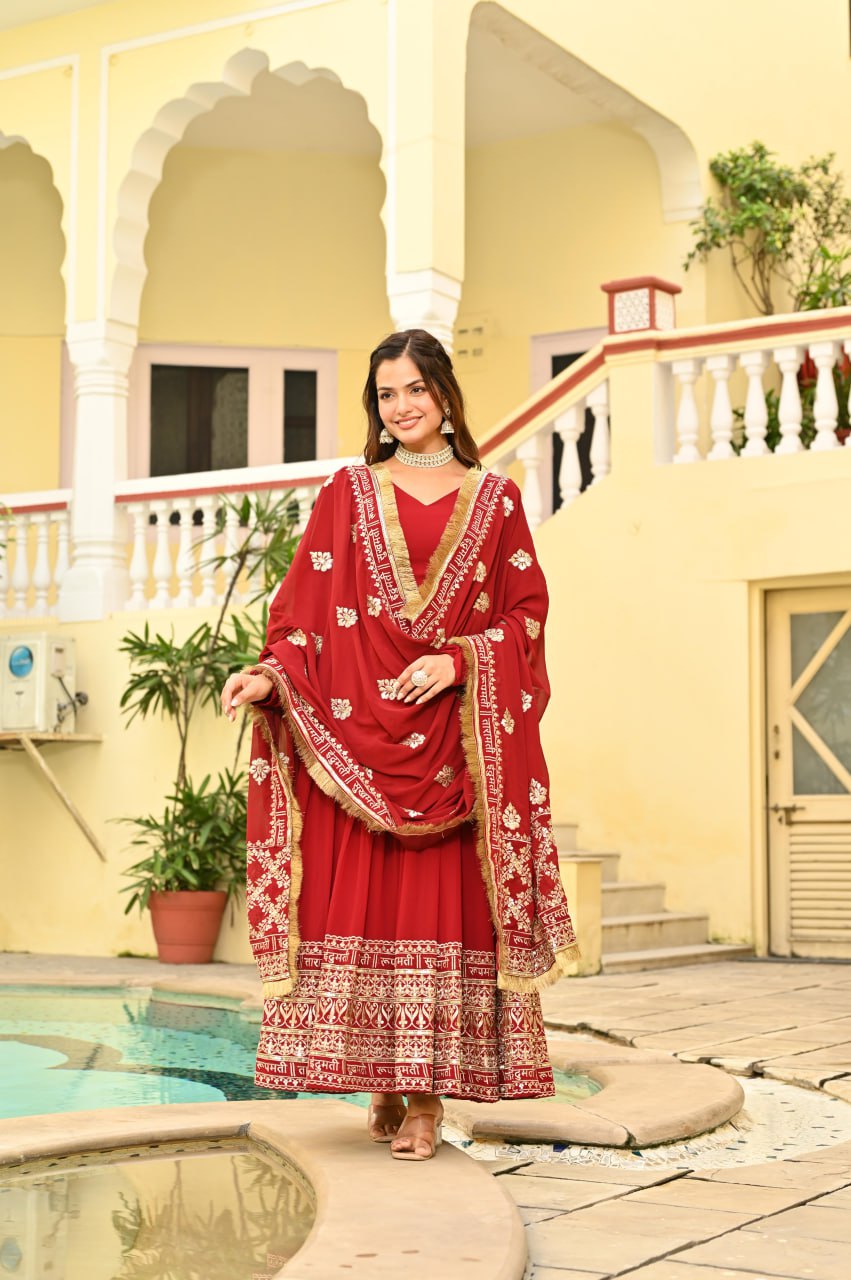 Scarlet Majesty Embroidered Anarkali Gown Set