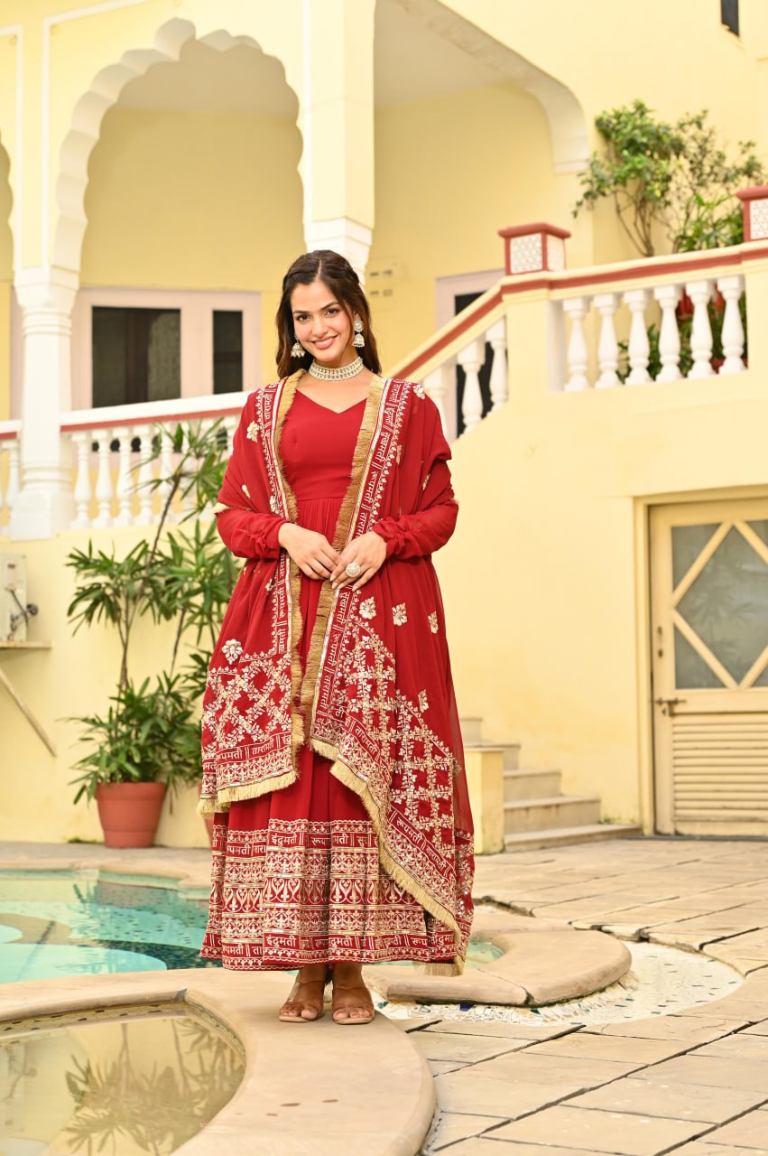 Scarlet Majesty Embroidered Anarkali Gown Set