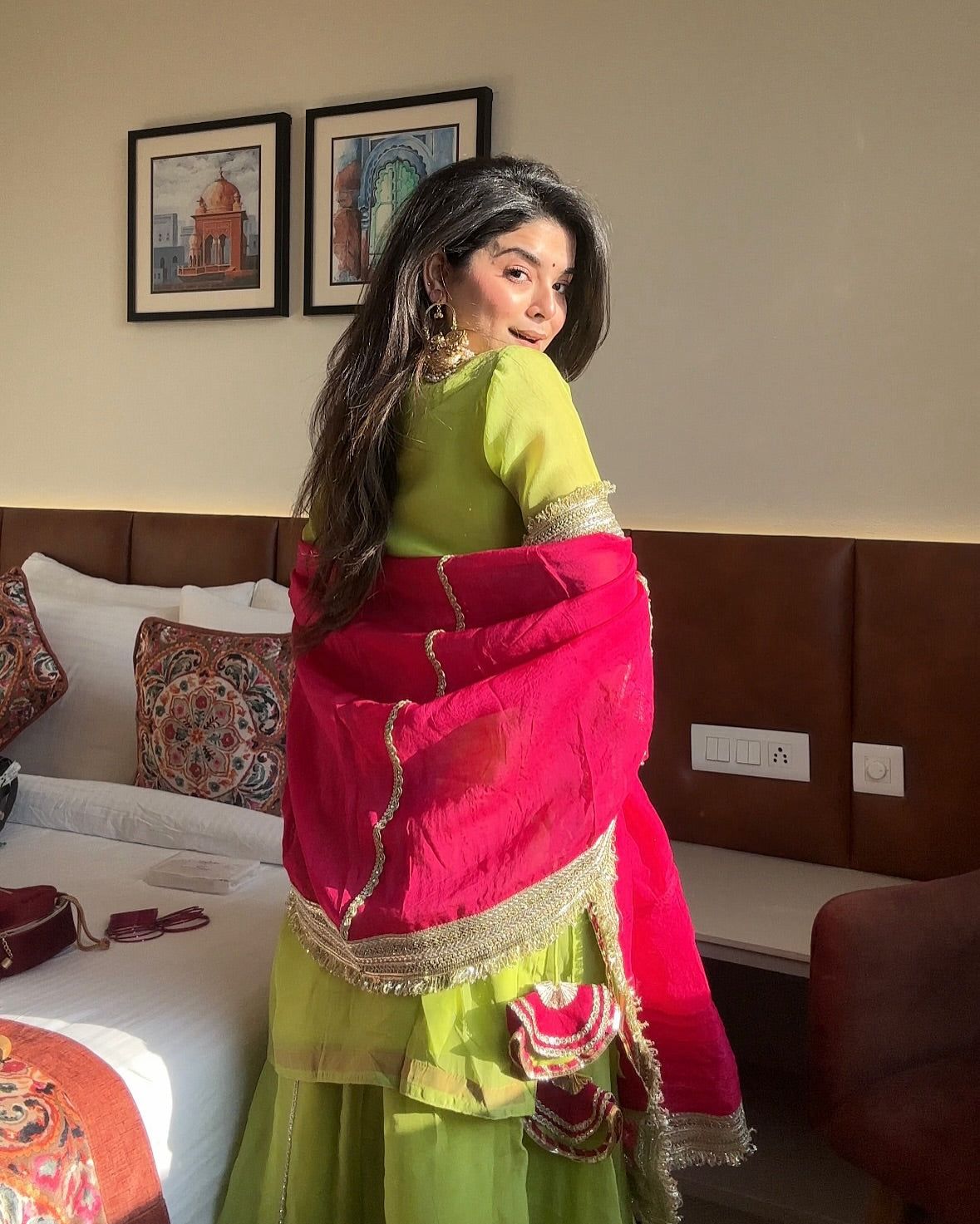 Lime Green & Rani Pink Embroidered Sharara Suit