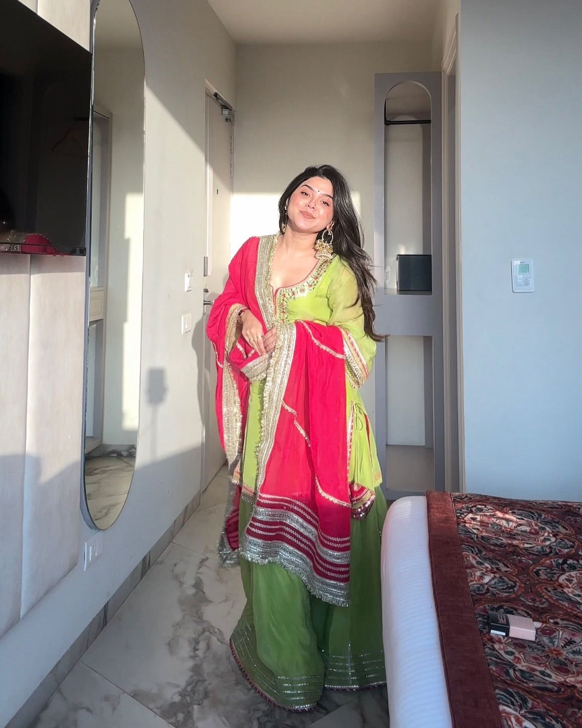 Lime Green & Rani Pink Embroidered Sharara Suit