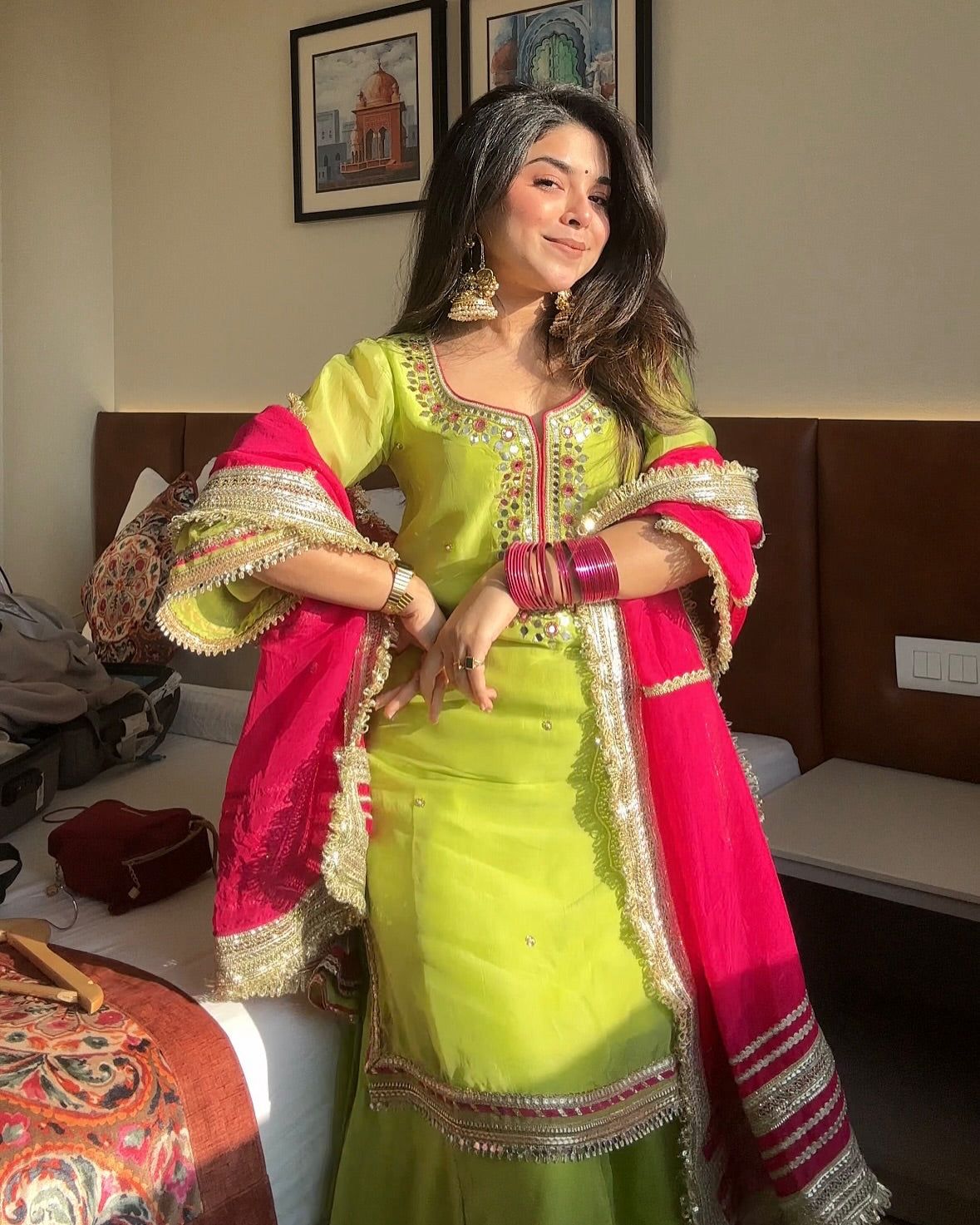 Lime Green & Rani Pink Embroidered Sharara Suit