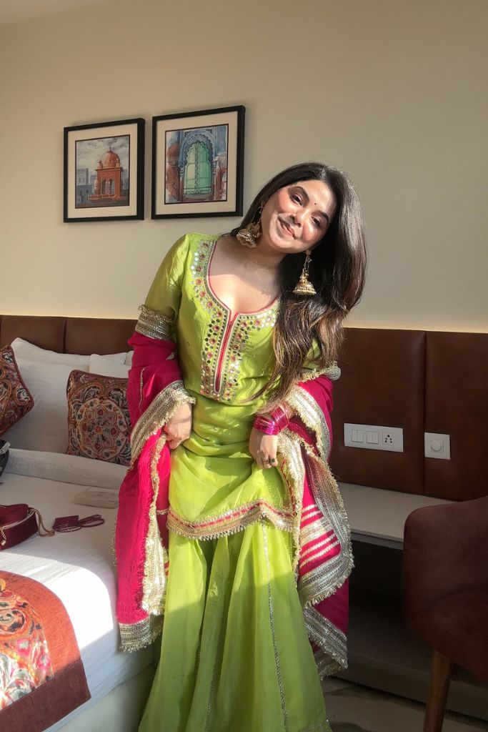 Lime Green & Rani Pink Embroidered Sharara Suit