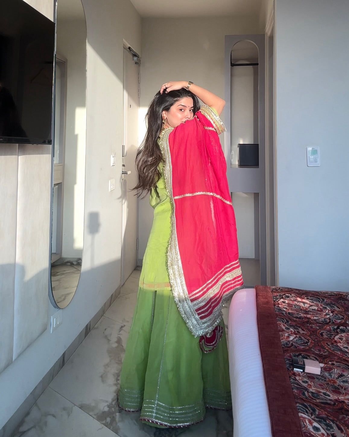 Lime Green & Rani Pink Embroidered Sharara Suit