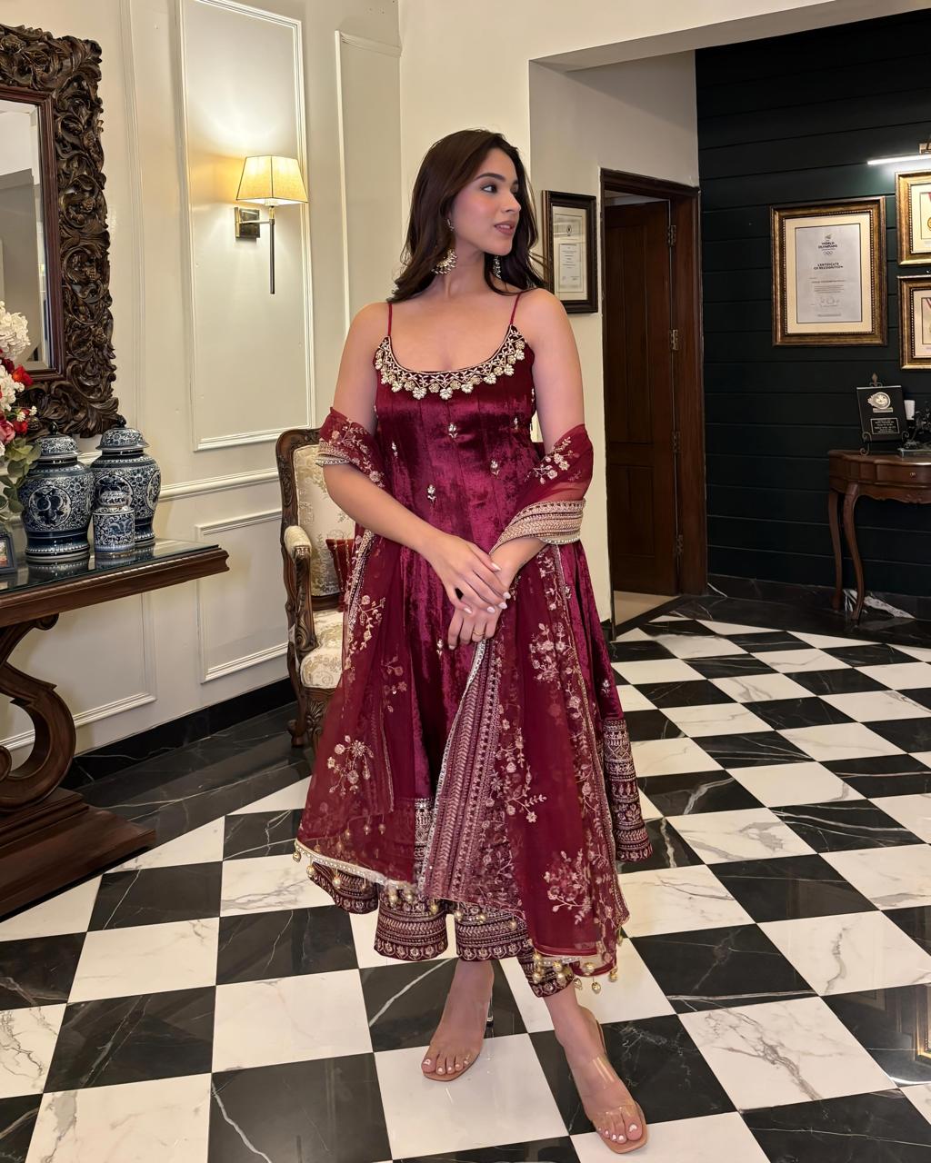 Vichitra Silk Maroon Anarkali Suit Set