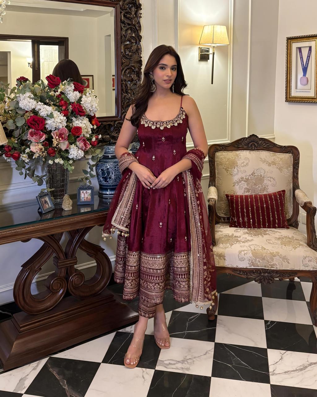 Vichitra Silk Maroon Anarkali Suit Set
