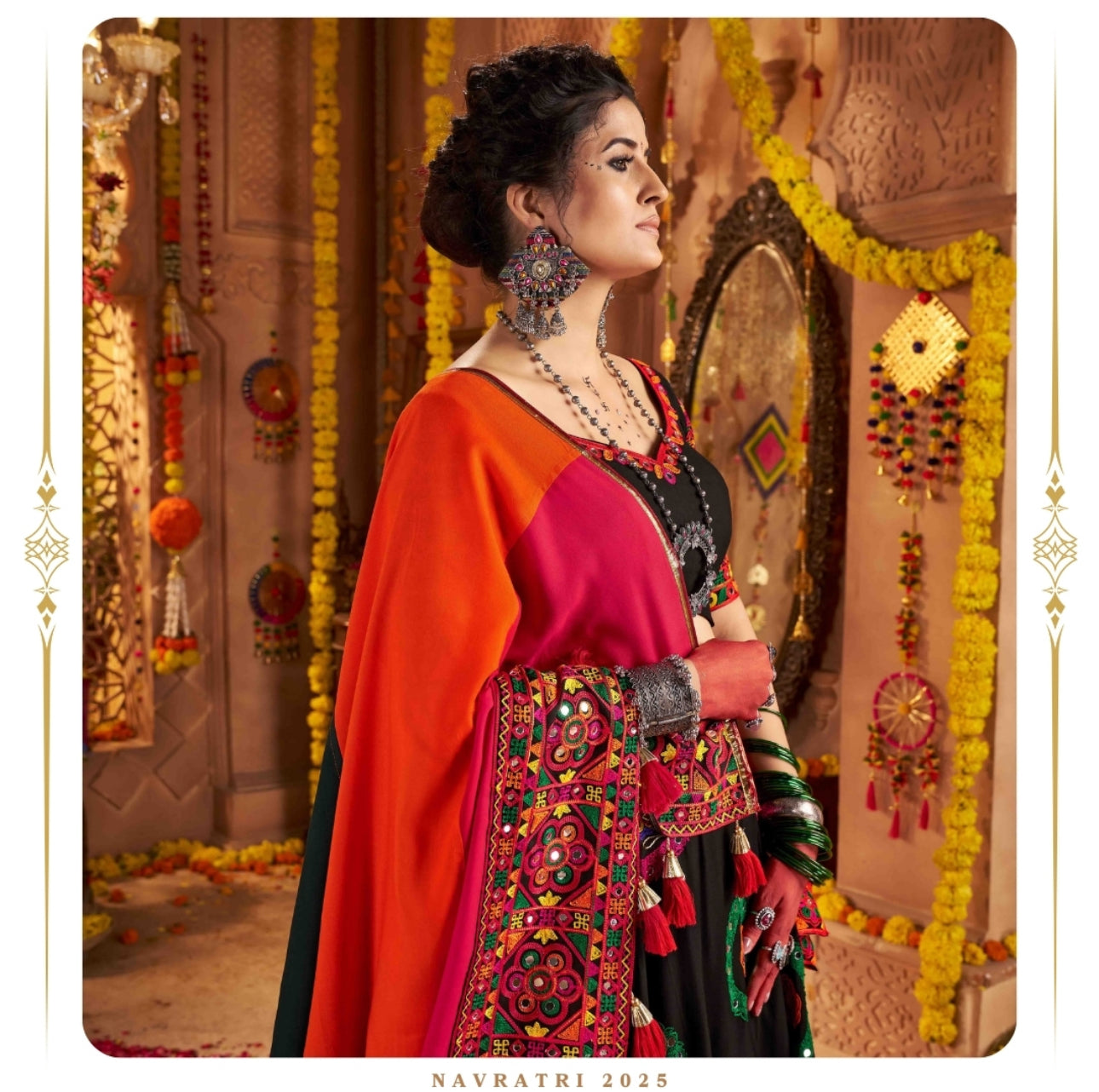 Black Navratri Chaniya Choli with Multicolor Mirror Work