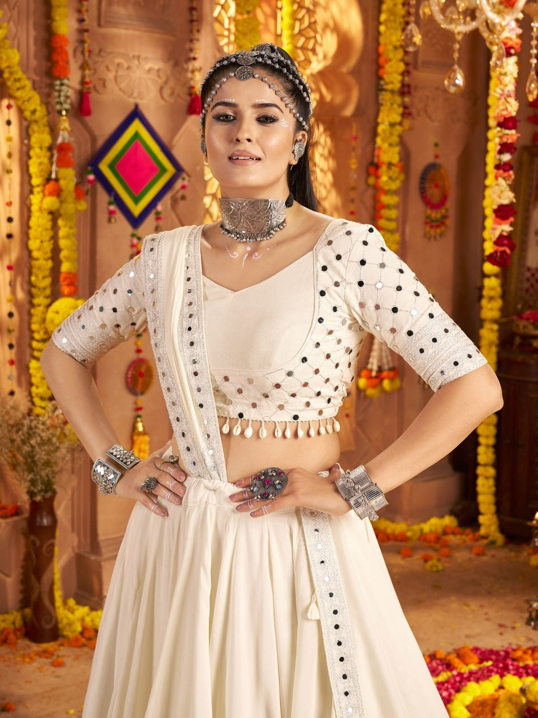 Ivory Navratri Lehenga Choli with Festive Border
