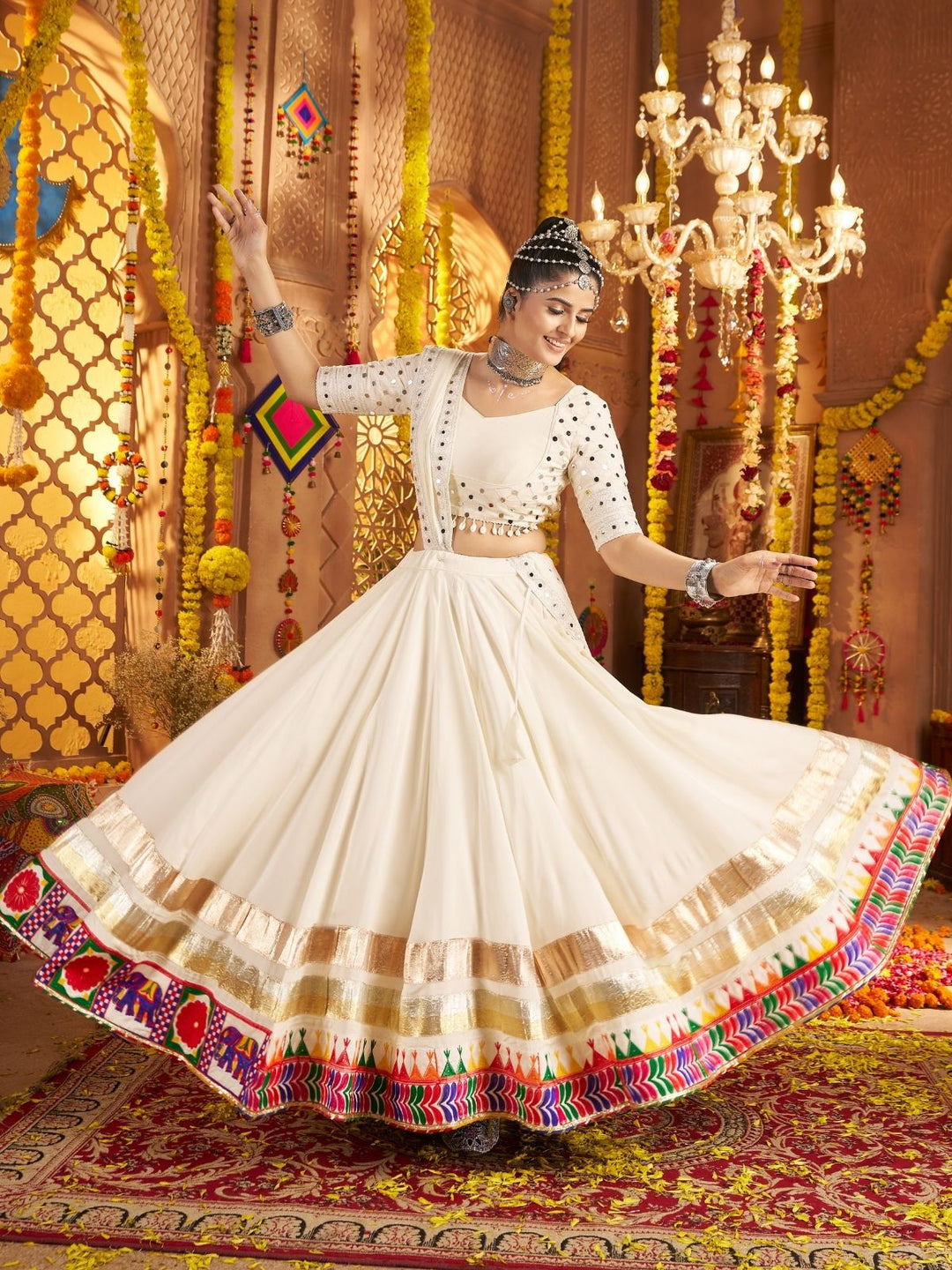 Ivory Navratri Lehenga Choli with Festive Border
