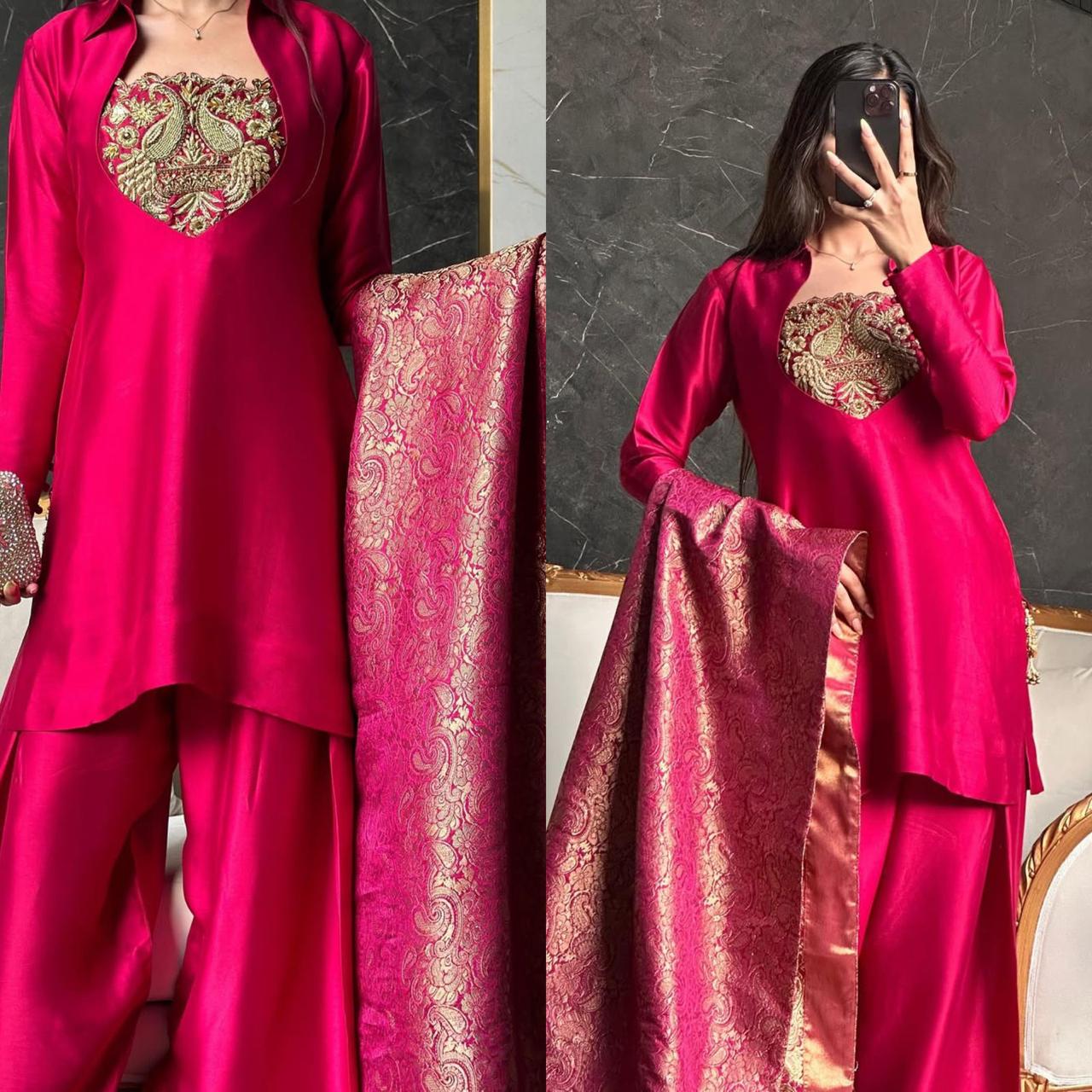 Magenta Pink Silk Embroidered Salwar Suit with Banarasi Dupatta