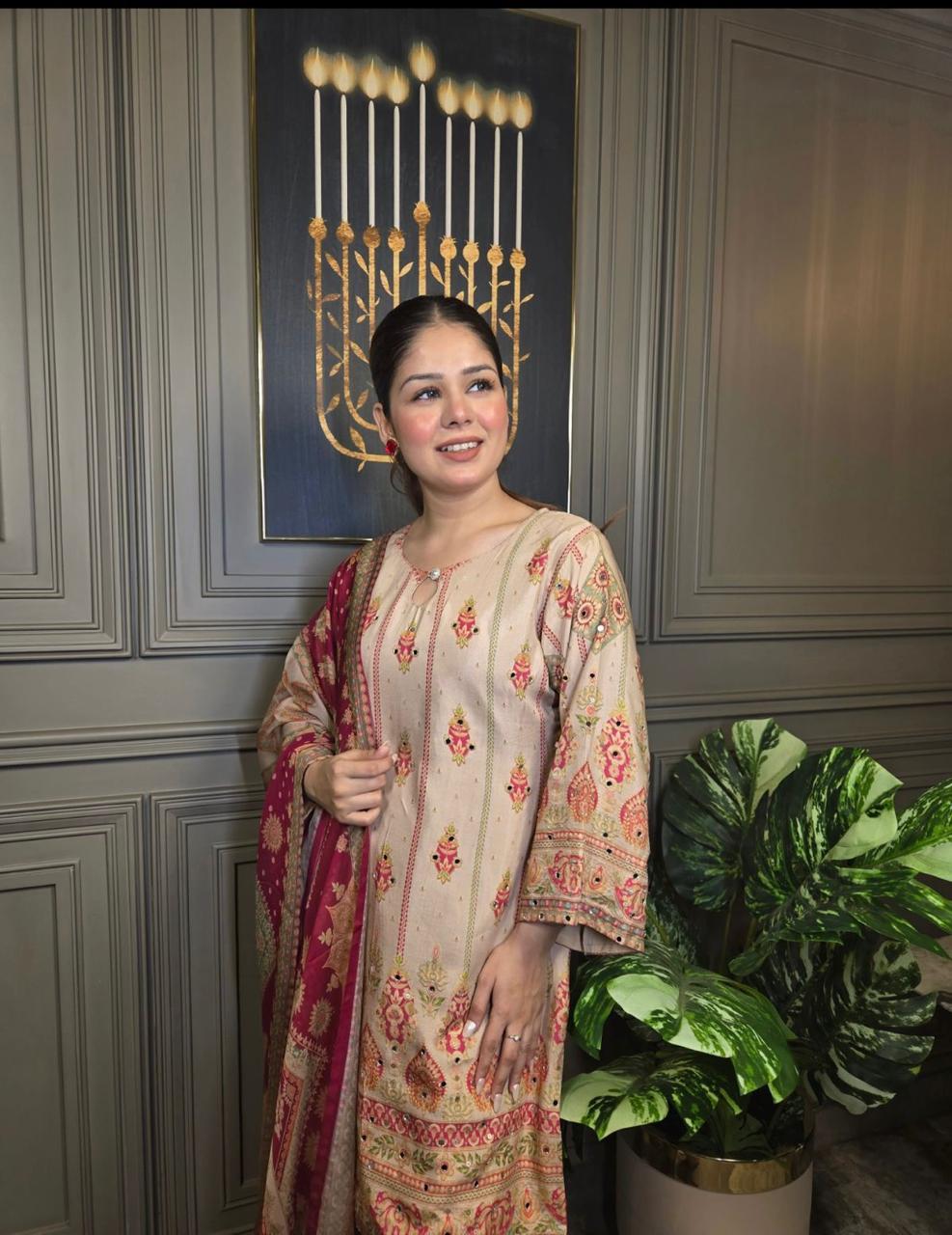 Mayra Beige Printed Silk Suit with Maroon Dupatta