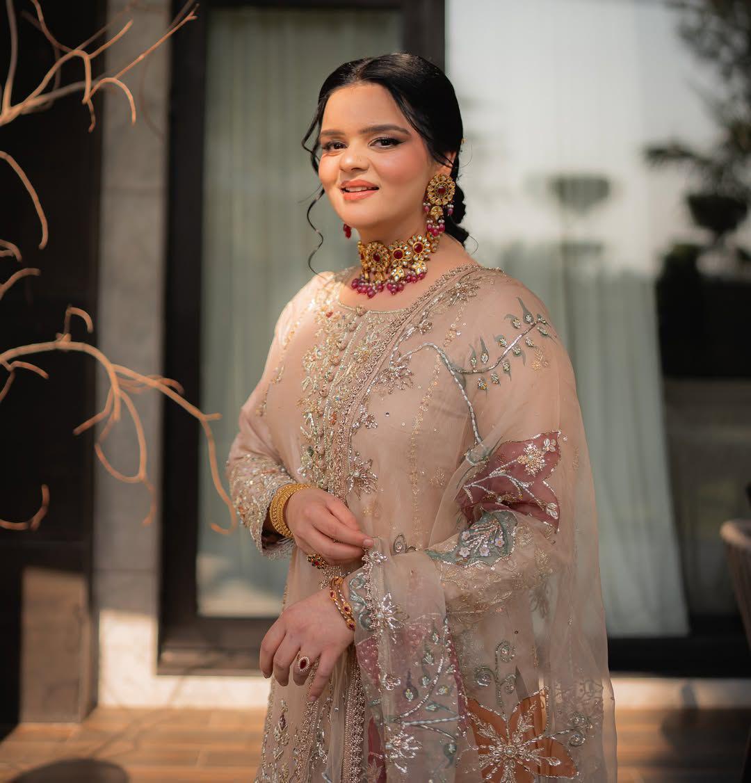 Noor Embroidered Sharara Set in Champagne Beige