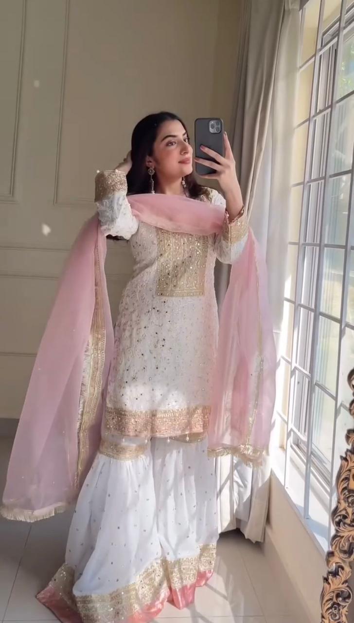 Anamika White Sharara Set with Pink Dupatta