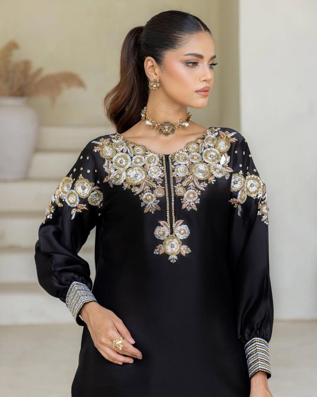 Black Luxury Embroidered Silk Salwar Suit with Dupatta