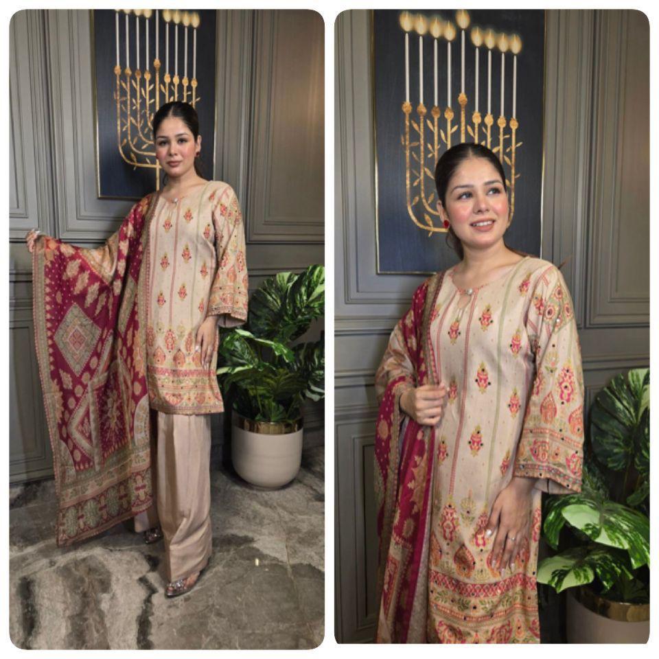 Mayra Beige Printed Silk Suit with Maroon Dupatta