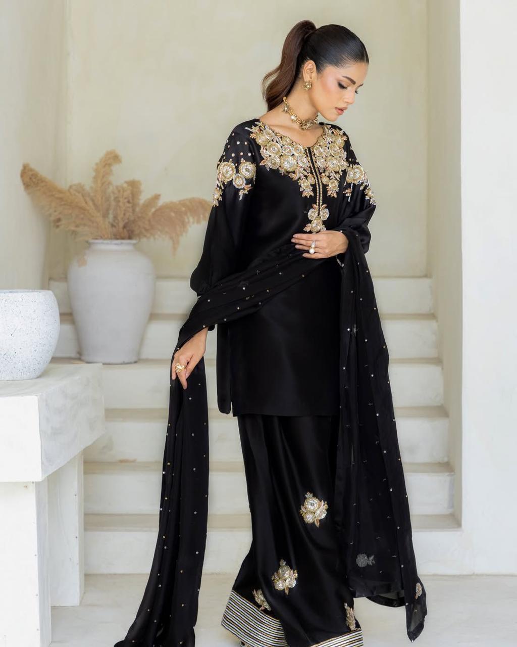 Black Luxury Embroidered Silk Salwar Suit with Dupatta
