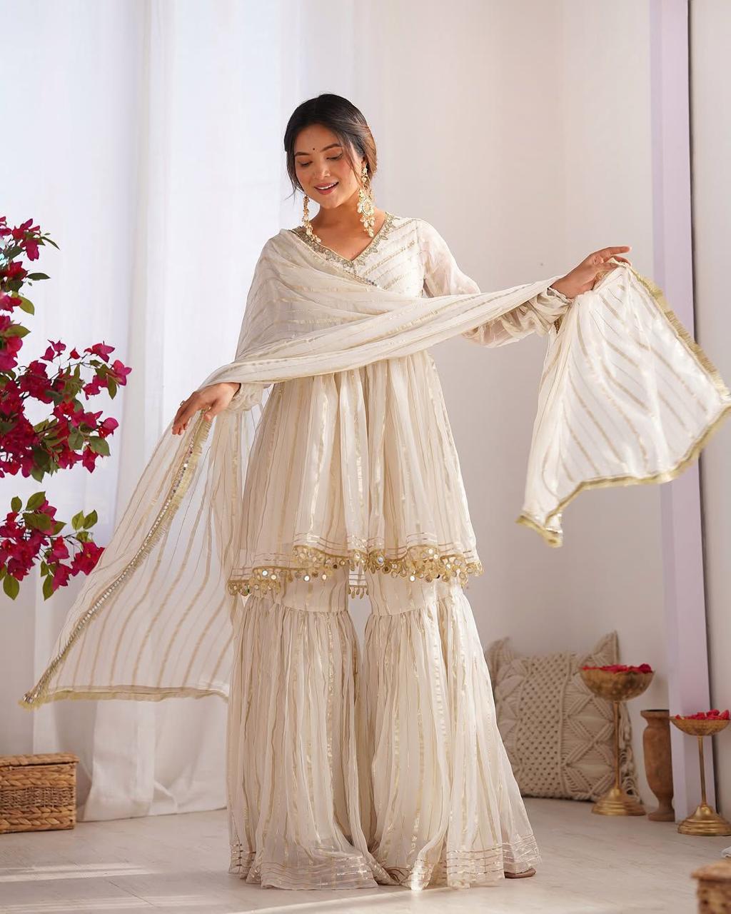 Ivory And Gold Mirror Work Sharara Set