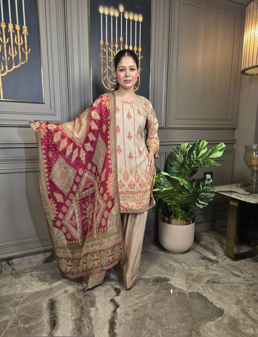 Mayra Beige Printed Silk Suit with Maroon Dupatta