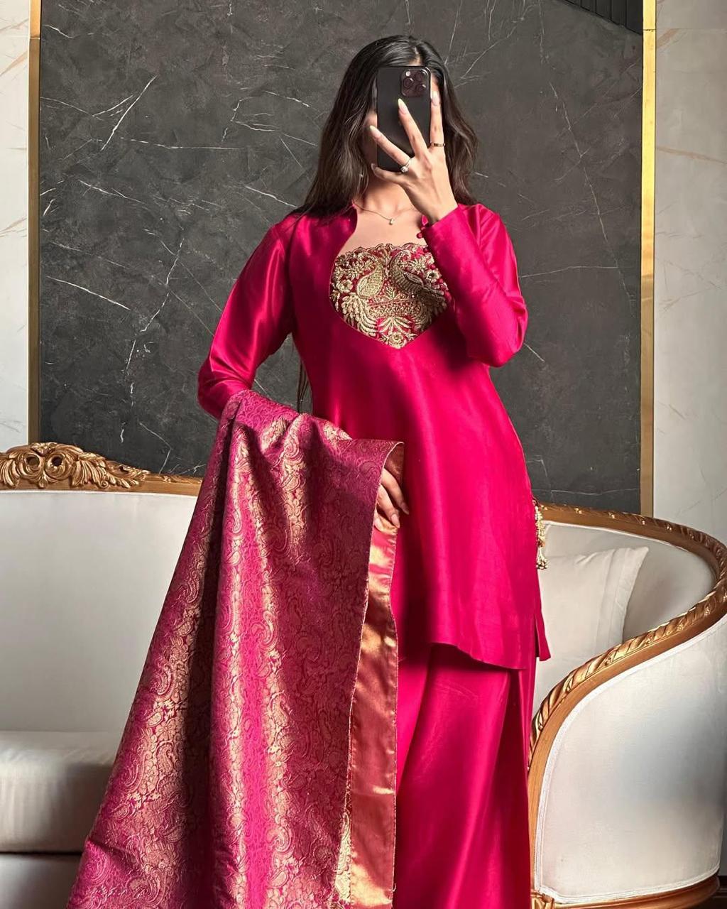 Magenta Pink Silk Embroidered Salwar Suit with Banarasi Dupatta