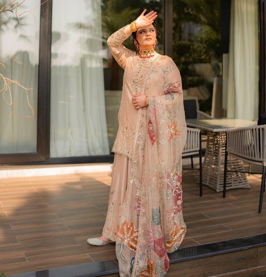 Noor Embroidered Sharara Set in Champagne Beige