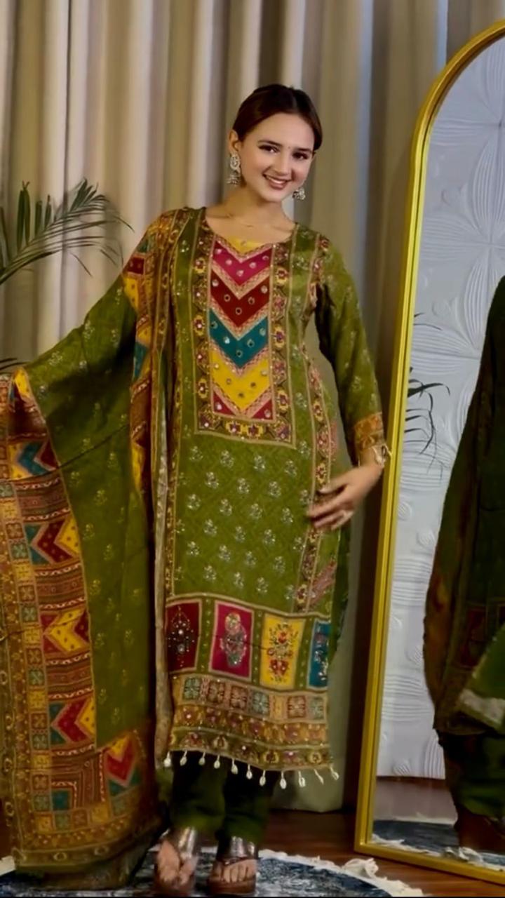 Green Multi-Color Embroidered Printed Suit with Dupatta